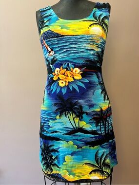 Y2K Cocos Family Blue Tropical Sunset Hawaii Print Mini Dress Size M 90’s